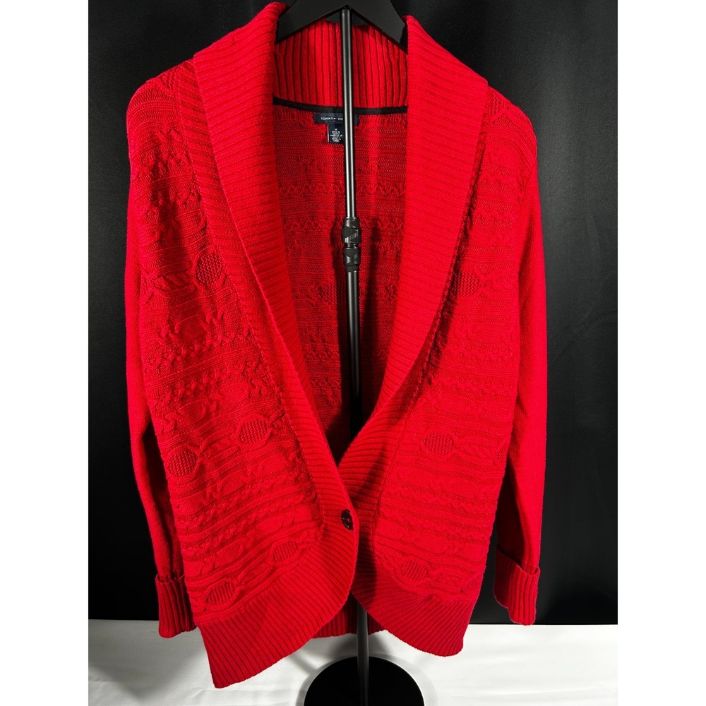 Tommy Hilfiger Red Shawl Collar Open Front Cardigan Sweater Women Medium Preppy